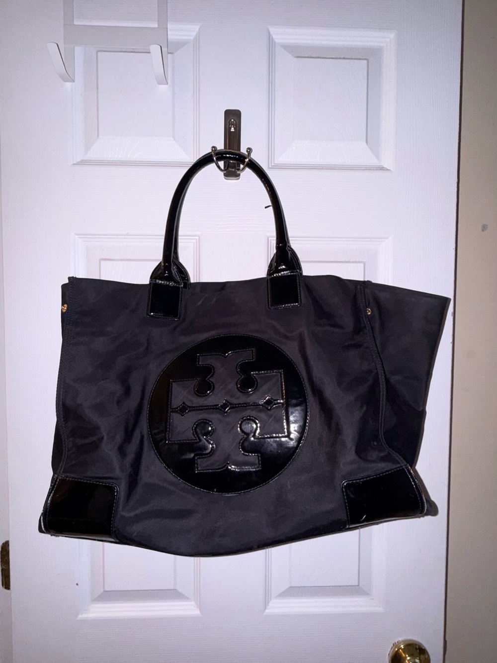 Tory Burch Black Patent Logo Nylon Ella Tote Large